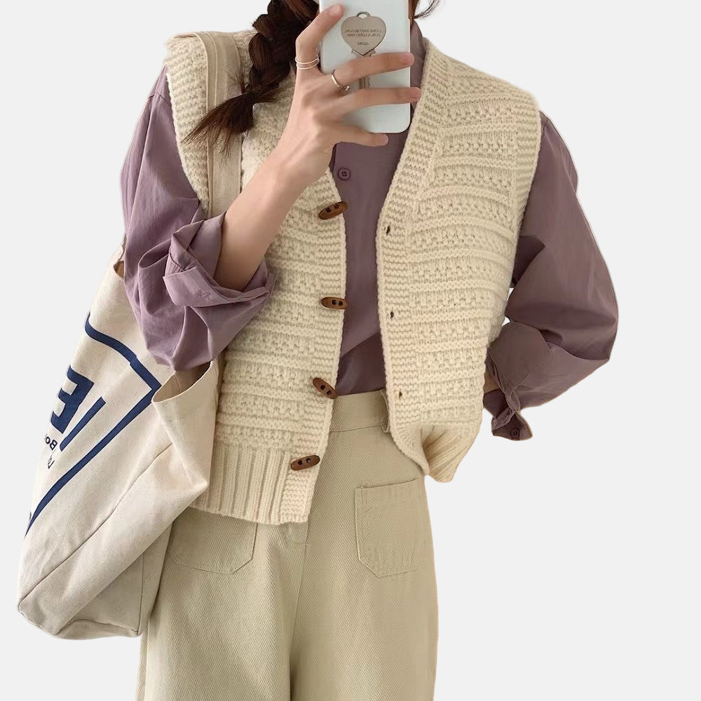 Gilet Femme En Tricot Bouton Devant Col V Confortable Douillet Polyvalent Pour Tenue Décontractée