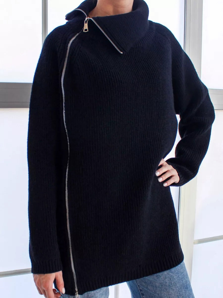 Pull Oversized En Tricot Côtelé Avec Zip Asymétrique Et Col Large Pour Femme Nordisk Flair