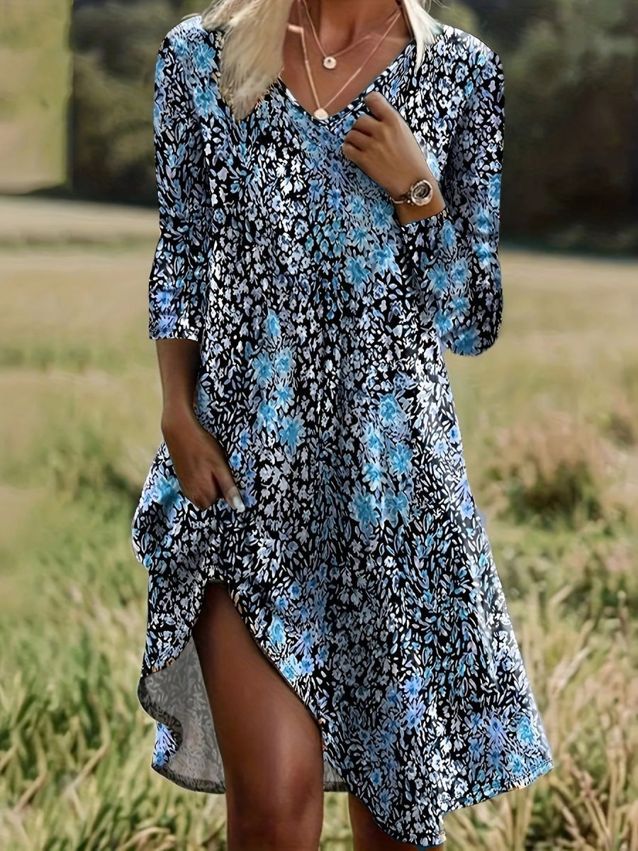 Damen Freizeitkleid mit modischem V-Ausschnitt und Seitenschlitz Amawinc