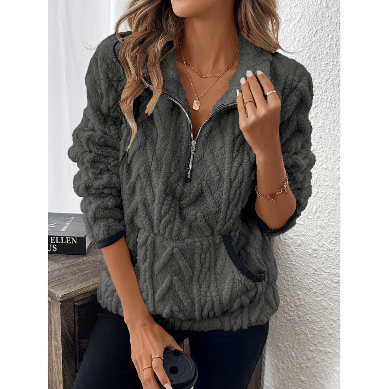Damen flauschiger Teddy-Pullover mit halbem Reißverschluss und hohen Kragen Amawinc