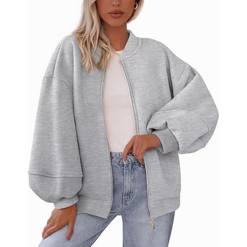 Damen lässige Oversized-Jacke mit Reißverschluss und ballonen Ärmeln Amawinc