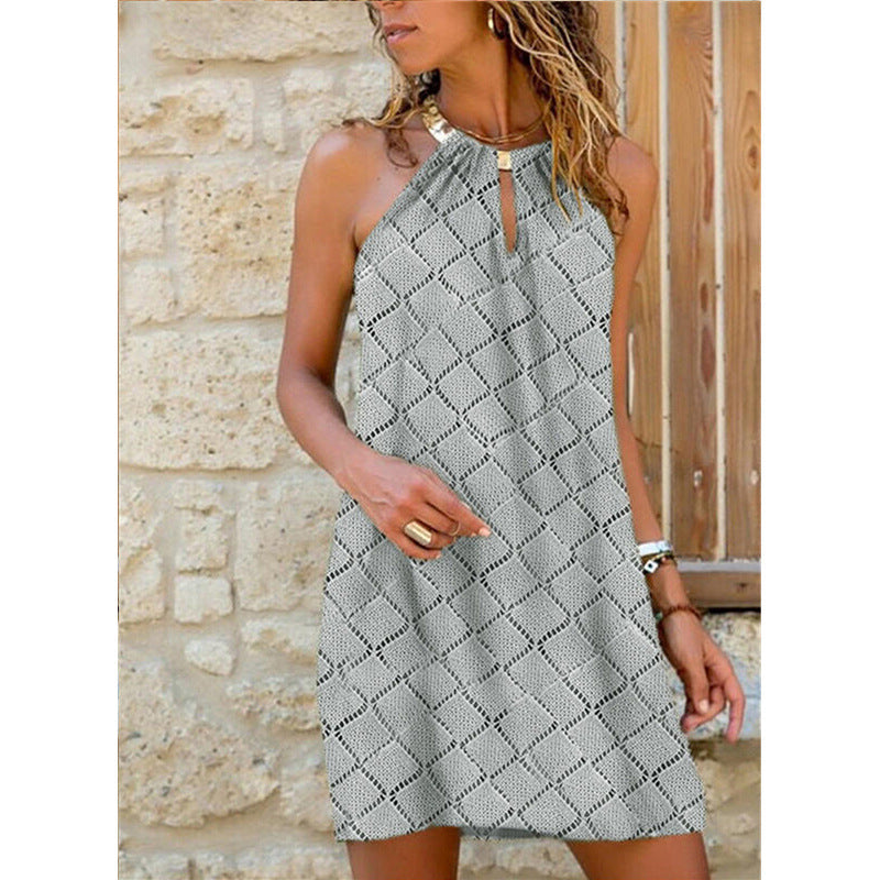 Robe Sans Manches Femme Décontractée Col Halter Motif Géométrique Mini Longueur Amawinc