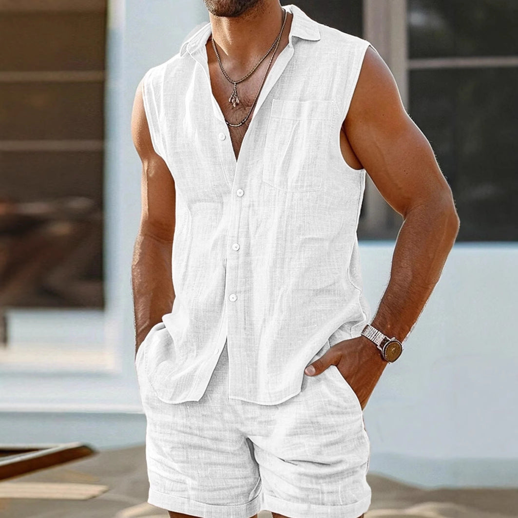 Ensemble Chemise Sans Manches Et Short Pour Homme En Mélange Coton Lin Décontracté Et Respirant