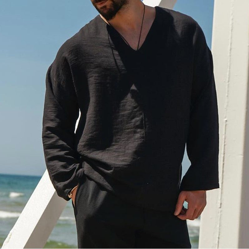 Chemise Homme En Lin Décontractée À Encolure V Manche Longue Légère Pour Été Plage