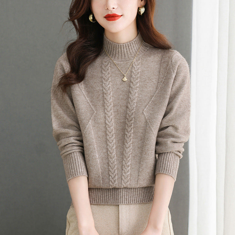 Damen Grobstrickpullover mit elegantem Zopfmuster und hohem Kragen Amawinc