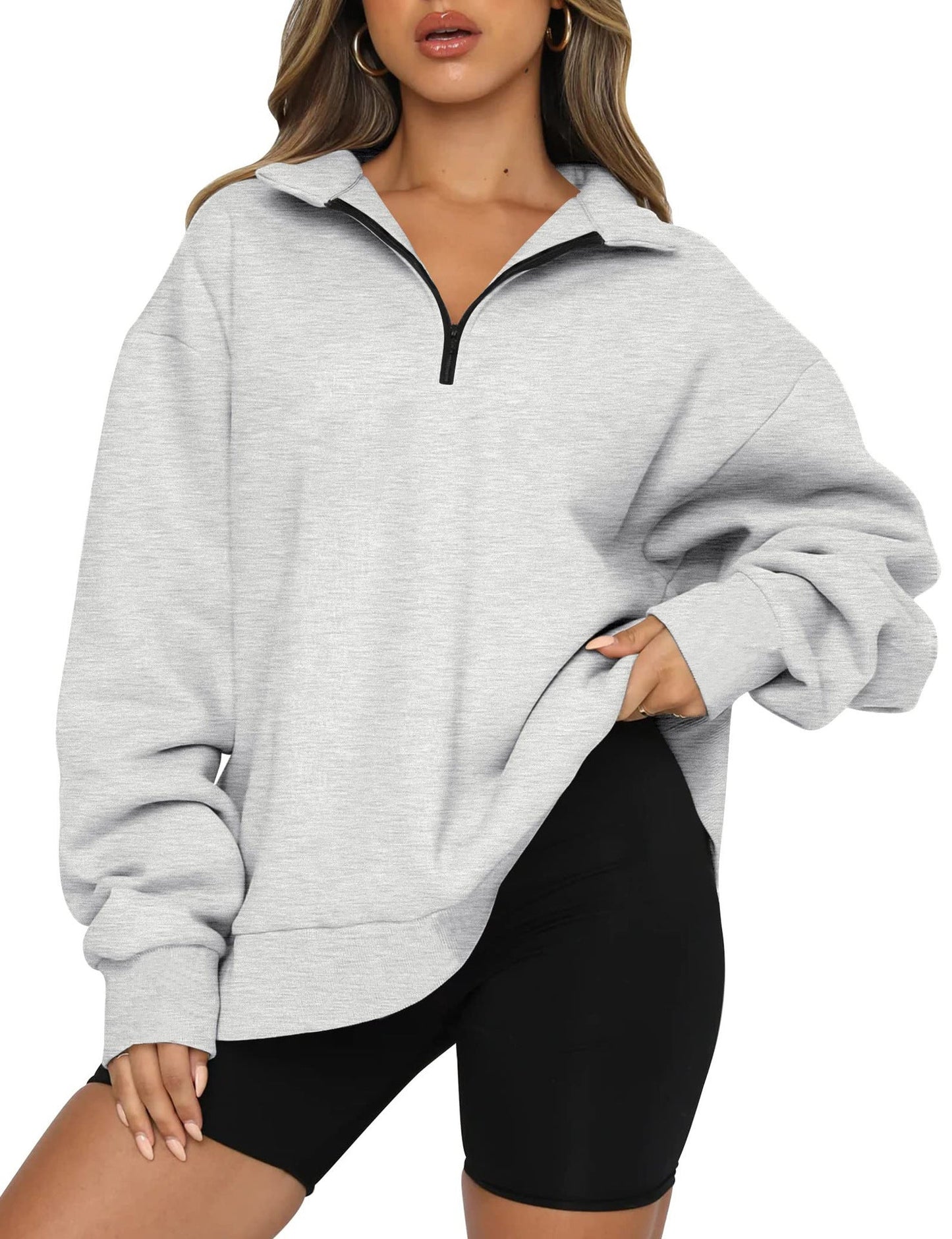 Damen Oversized Sweatshirt mit kurzem Reißverschluss und lässigem Schnitt Amawinc