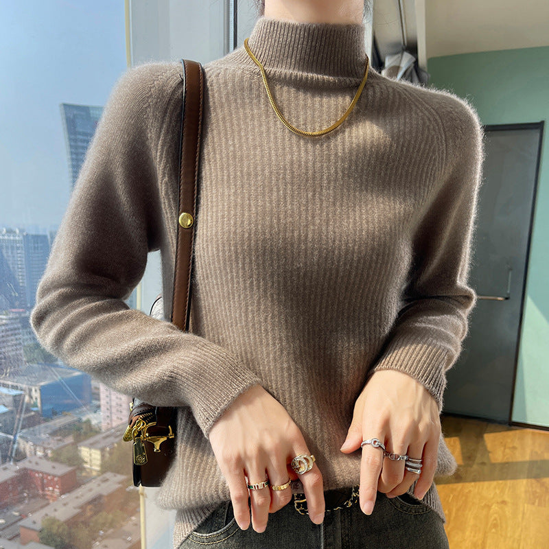 Damen Strickpullover mit hohem Kragen und feiner Rippstruktur Amawinc