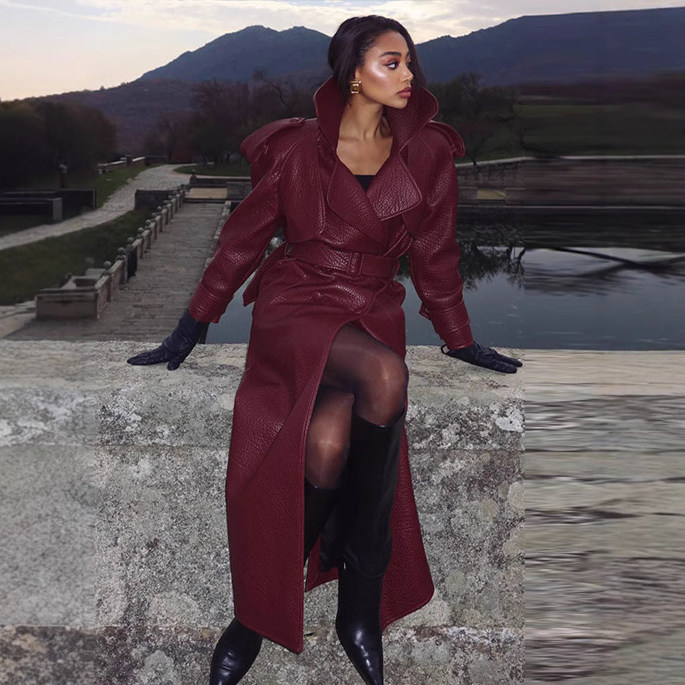 Damen Kunstleder Trenchcoat mit Oberteil und Taillengürtel Amawinc