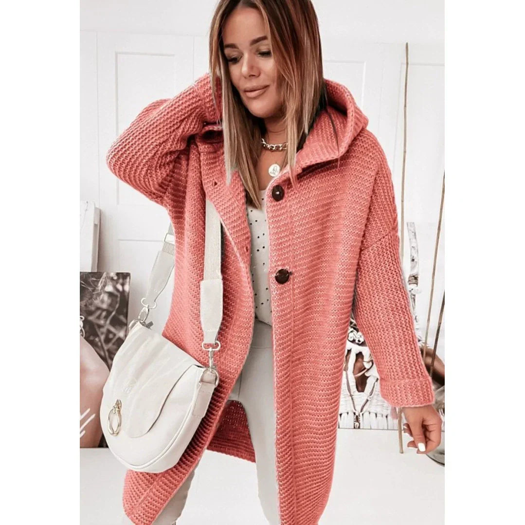 Cardigan à Capuche Femme Ample Longue Ligne Maille Côtelée Bouton Devant Épaules Tombantes
