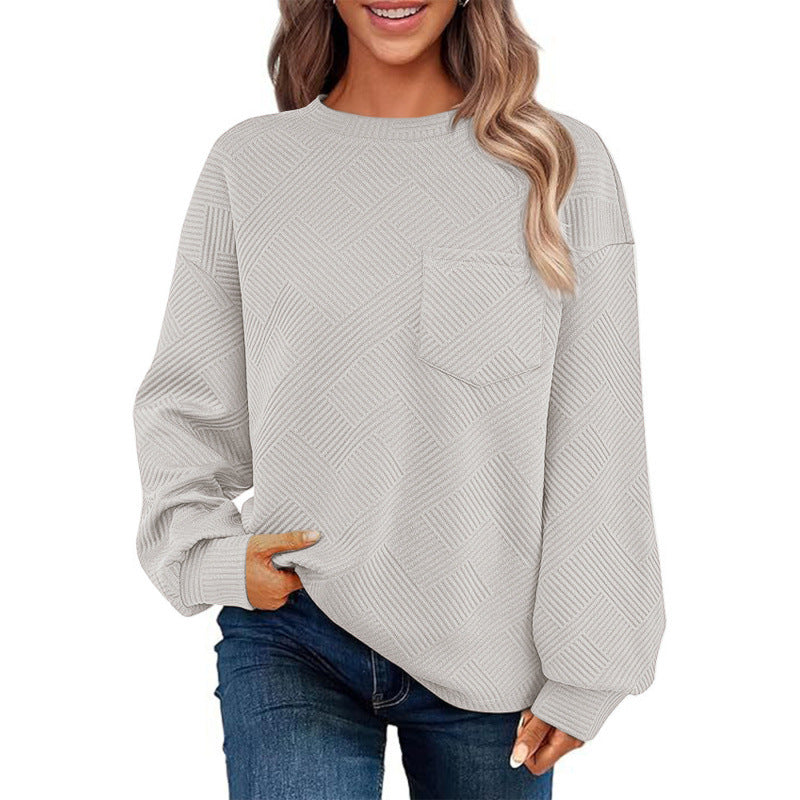 Damen lässiger Pullover mit strukturiertem Muster und praktischer Brusttasche Amawinc