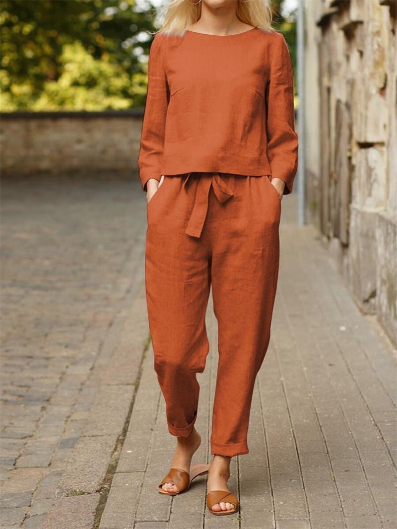 Damen Lässiges Zweiteiliges Leinen-Outfit mit breitem Bund Amawinc