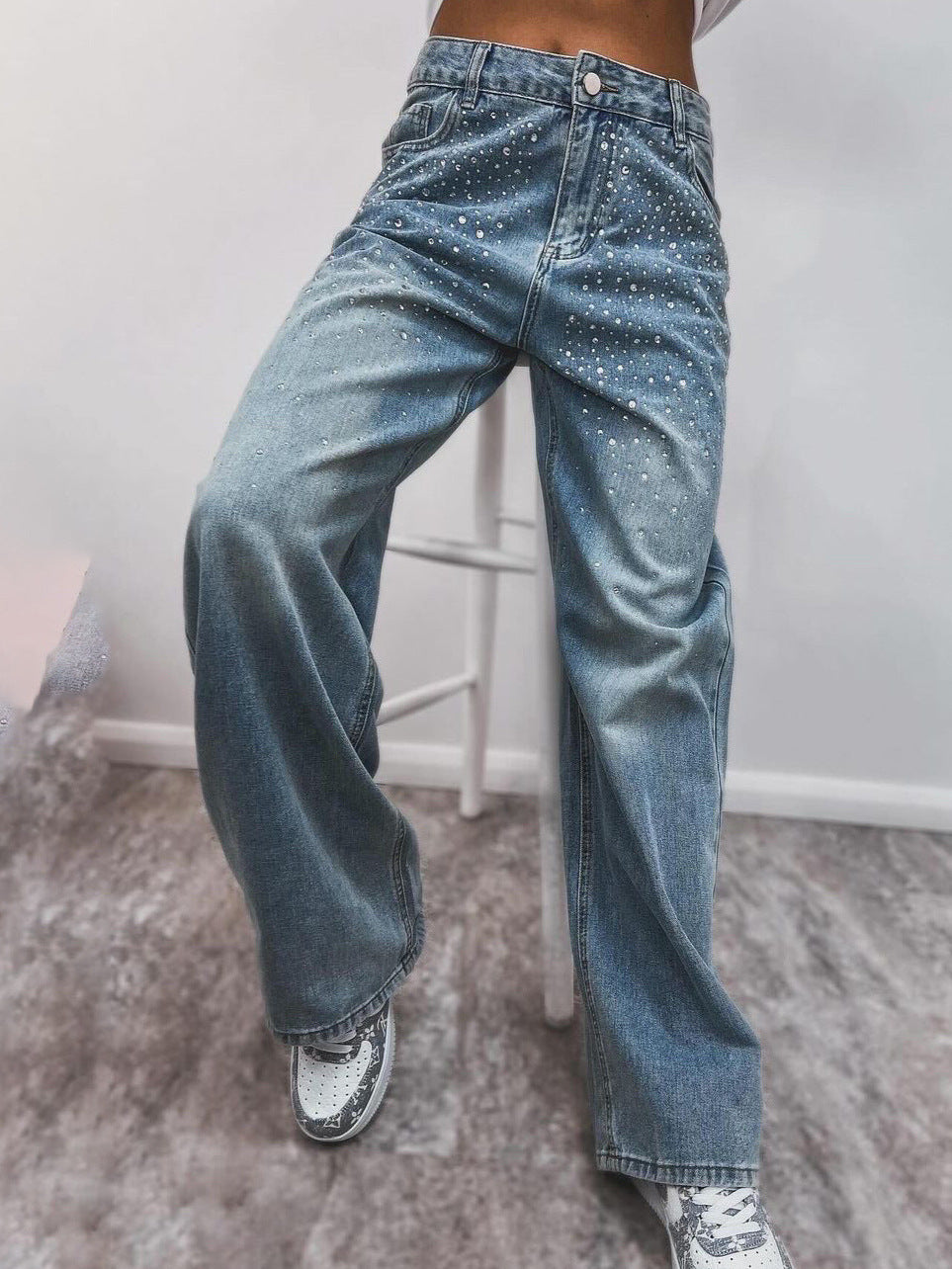Damen Denim-Hose mit funkelnden Strass-Applikationen Amawinc
