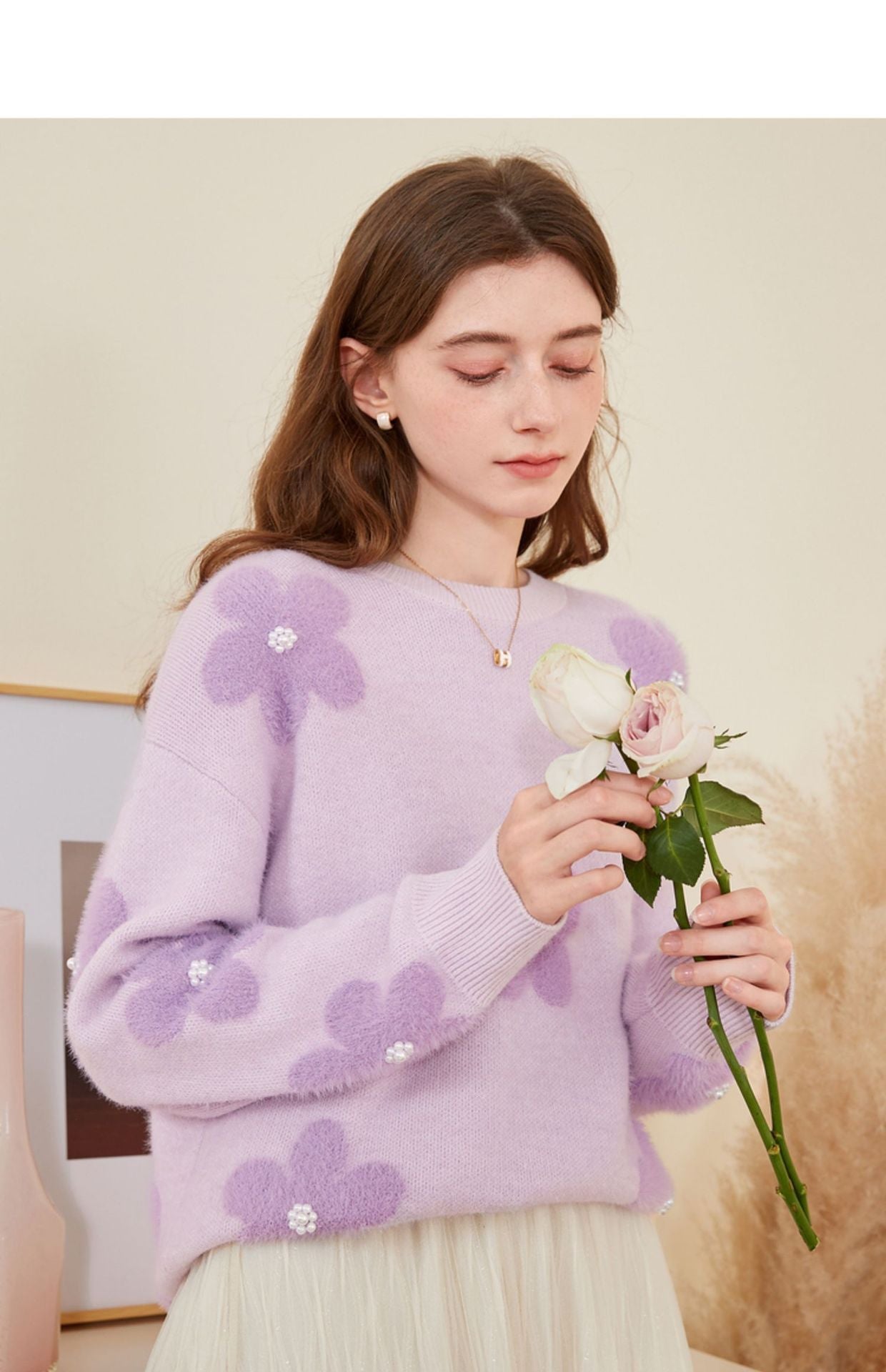 Damen Weicher Strickpullover mit strukturiertem Applikationsdesign Amawinc