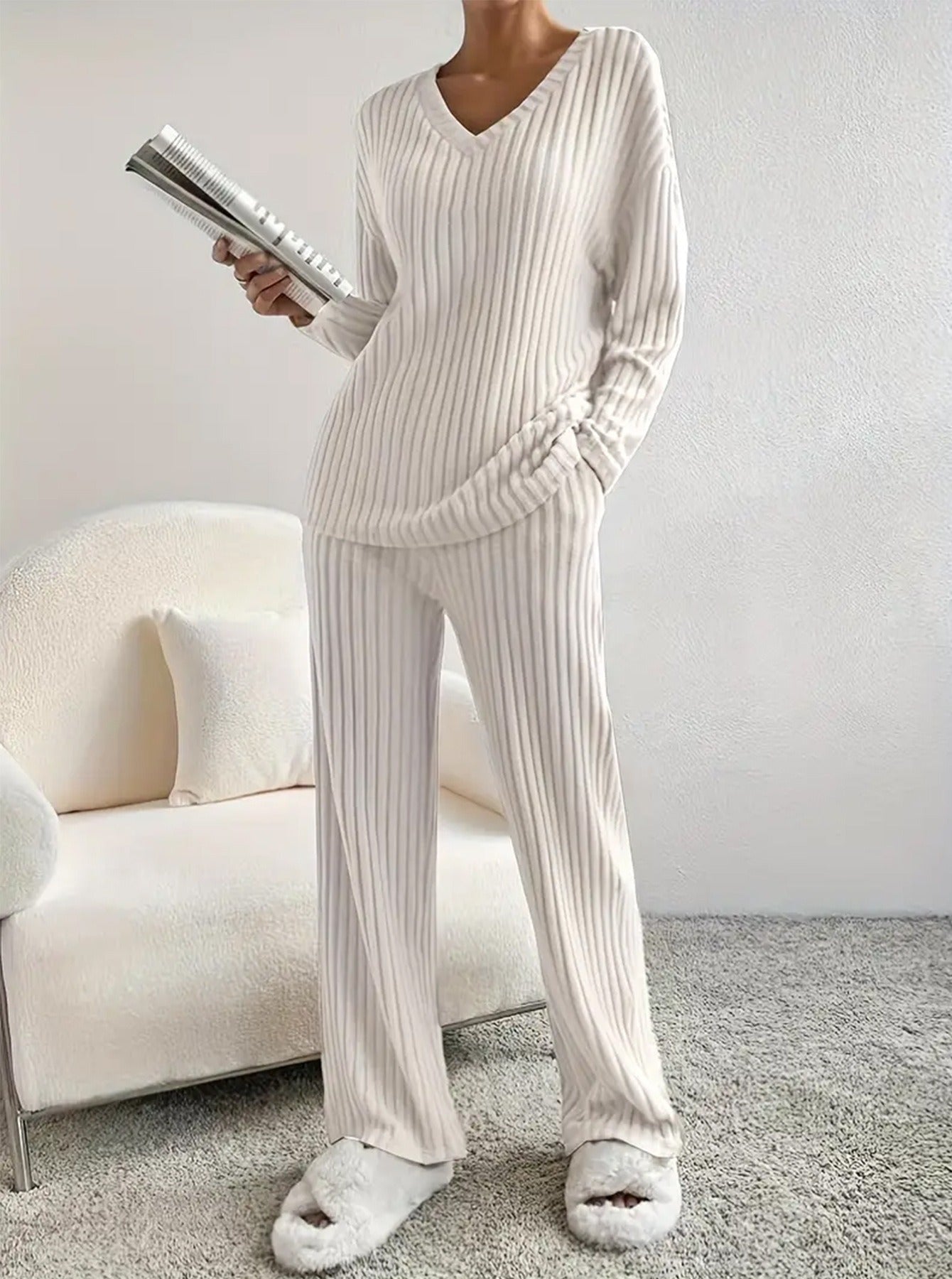 Damen lässiger Strickanzug mit V-Ausschnitt und praktischen Taschen Amawinc