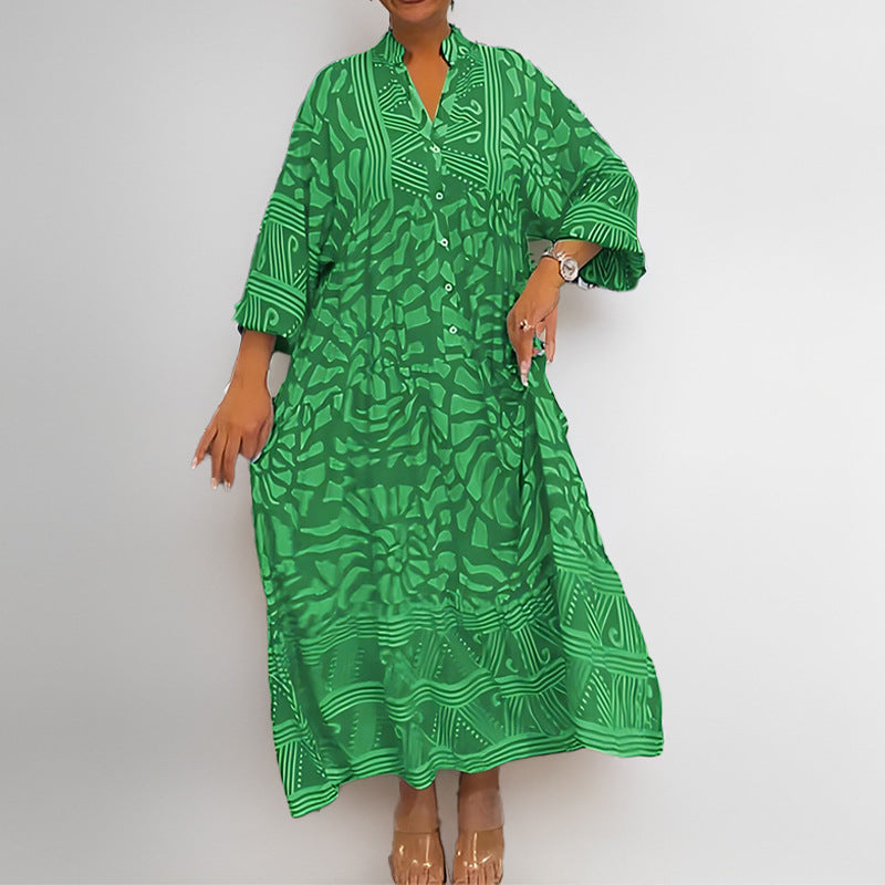 Robe Midi Femme Coupe Ample Tissu Léger Bouton Fermeture Imprimée Motif Vacances Manches Retroussées