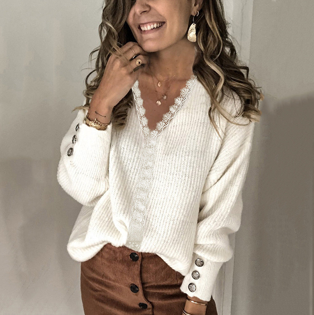 Pull Femme En Maille Décontracté Nordisk Flair Encolure V Texture Ribée Manches À Poignets Boutonnés