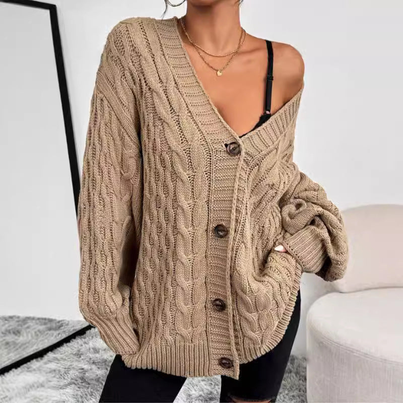 Cardigan Tricot Femme Oversize Col V Boutons Manche Longues Chaleureux Confortable