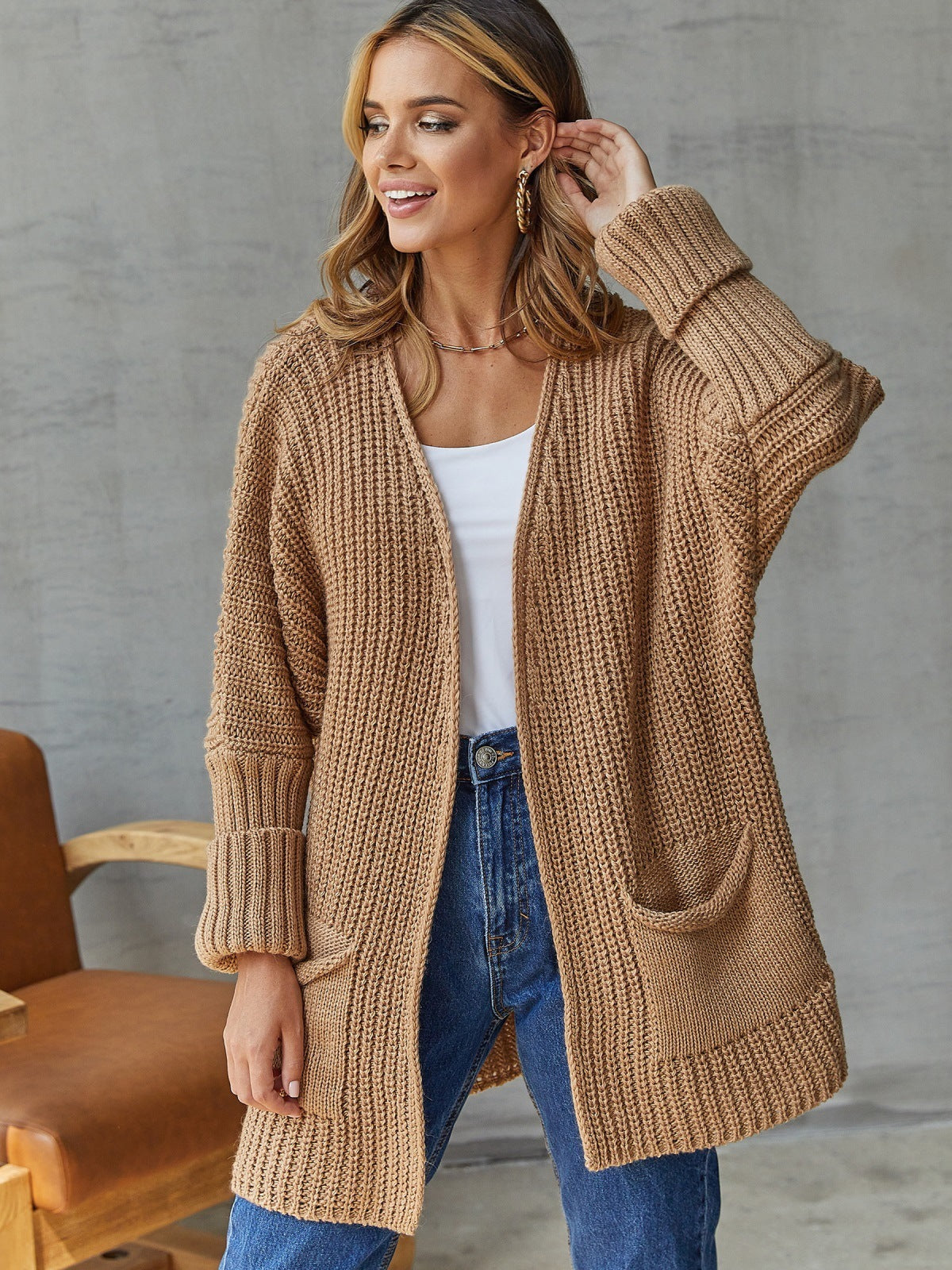 Damen gestrickter Cardigan mit großzügigen Taschen und strukturiertem Design Amawinc