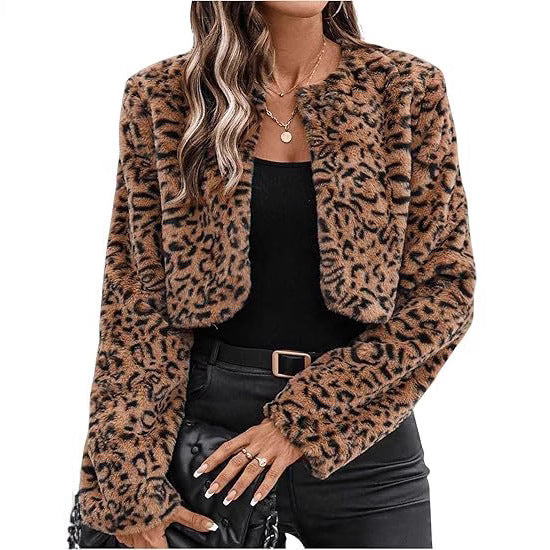 Damen Kurzfelljacke im modernen Leopardenmuster Amawinc