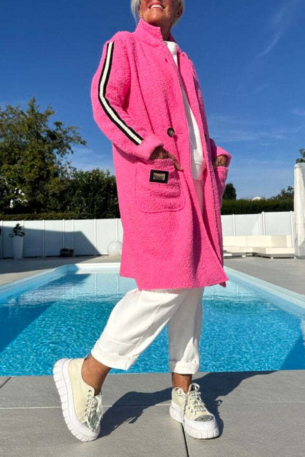 Damen eleganter Teddy-Mantel mit zwei Taschen und sportlichen Streifen Amawinc