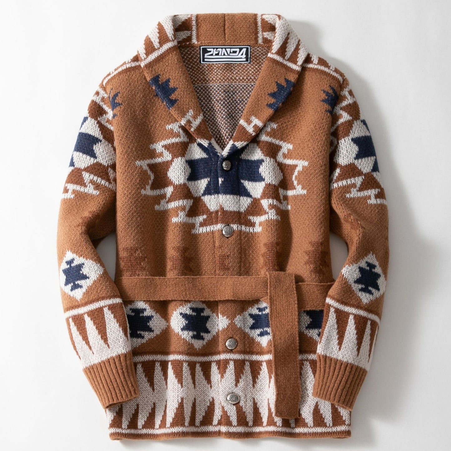 Damen Strickjacke mit geometrischem Muster und Gürtel Amawinc