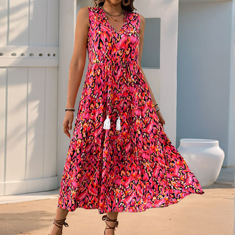 Robe Femme Sans Manches A Ligne Col V Midi Superposée En Coton Léger Pour Été Confortable Et Élégante