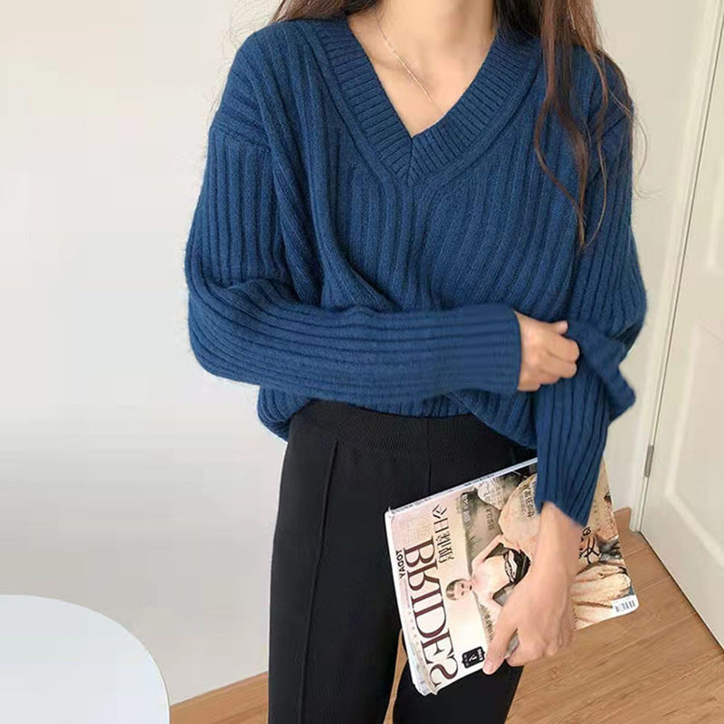 Damen Viskose-Strickpullover mit V-Ausschnitt und geripptem Design Amawinc