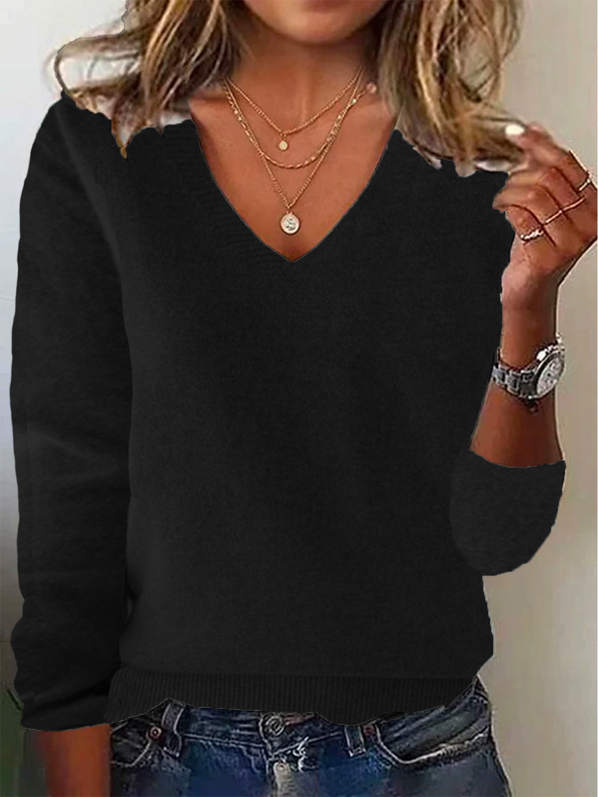 Pull Femme En Laine Tricotée Coupe Décontractée Col V Manches Longues Tenue Casual
