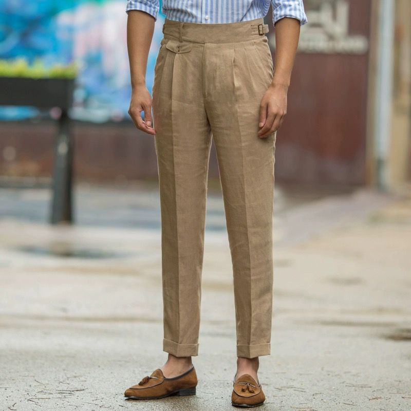 Pantalon Homme Amawinc Slim Fit Taille Haute En Lin Avec Plis Devant Taille Ajustable