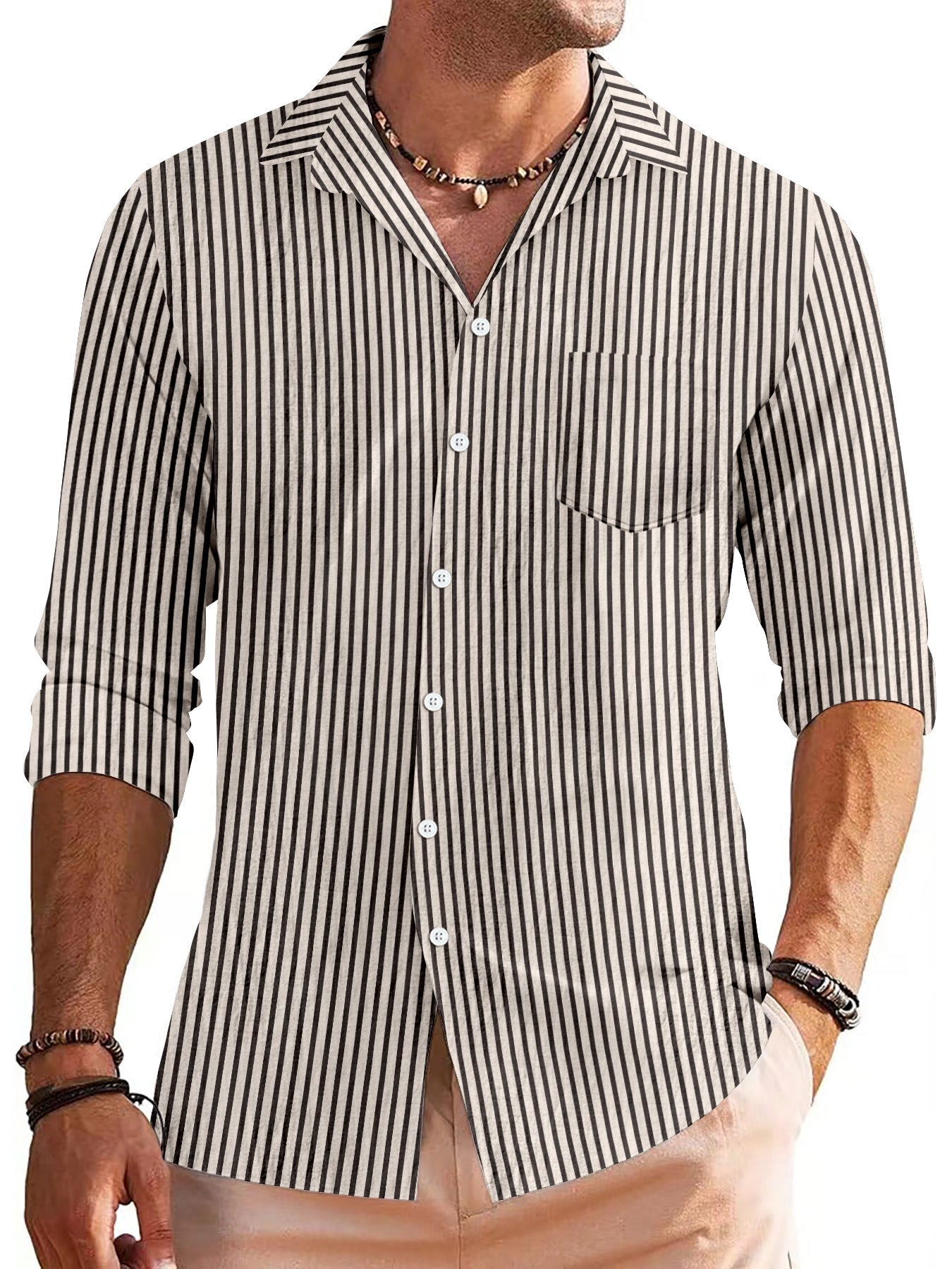 Chemise Homme Manches Longues Coupe Regular Rayures Poche Poitrine en Matière Respirante