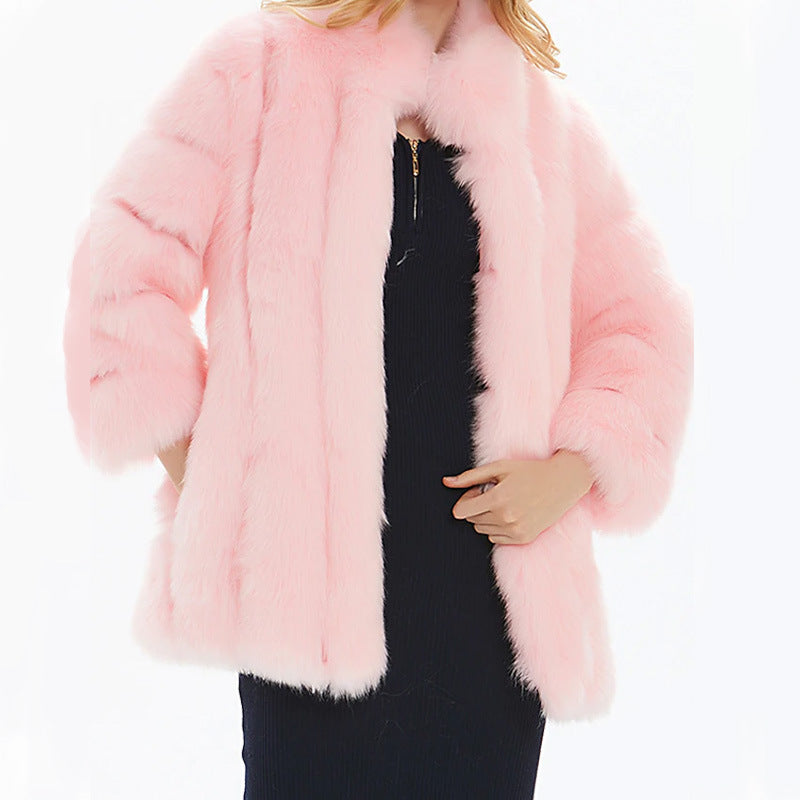 Damen Luxuriöser Kunstpelzmantel mit voluminösen Ärmeln und hohem Kragen Amawinc
