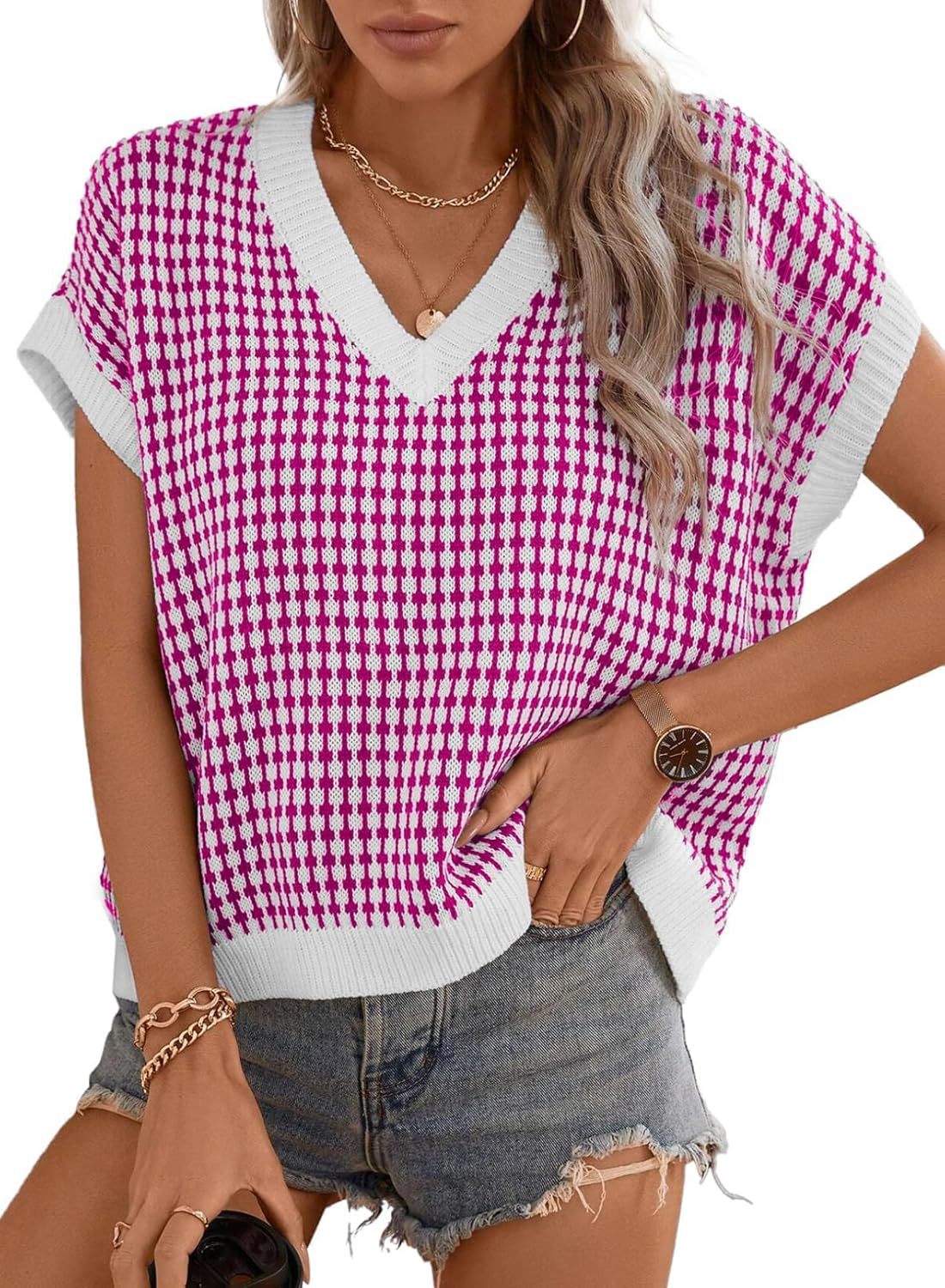 Damen lässiger V-Ausschnitt Pullover mit geometrischem Muster Amawinc