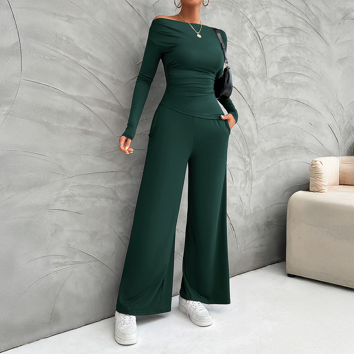 Ensemble Tailleur Femme Nordic Flair Slim Fit Haut À Manches Longues Pantalon Large Taille Haute