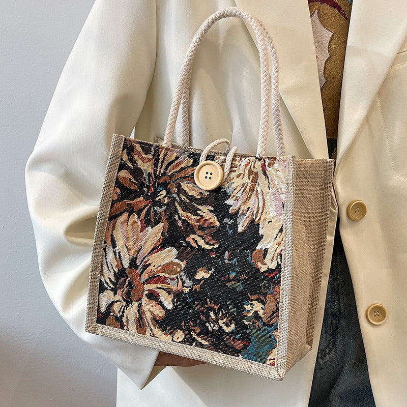 Sac Cabas Tissé Heather Floral Avec Deux Anses Torsadées Polyvalent Pour Plage Et Courses