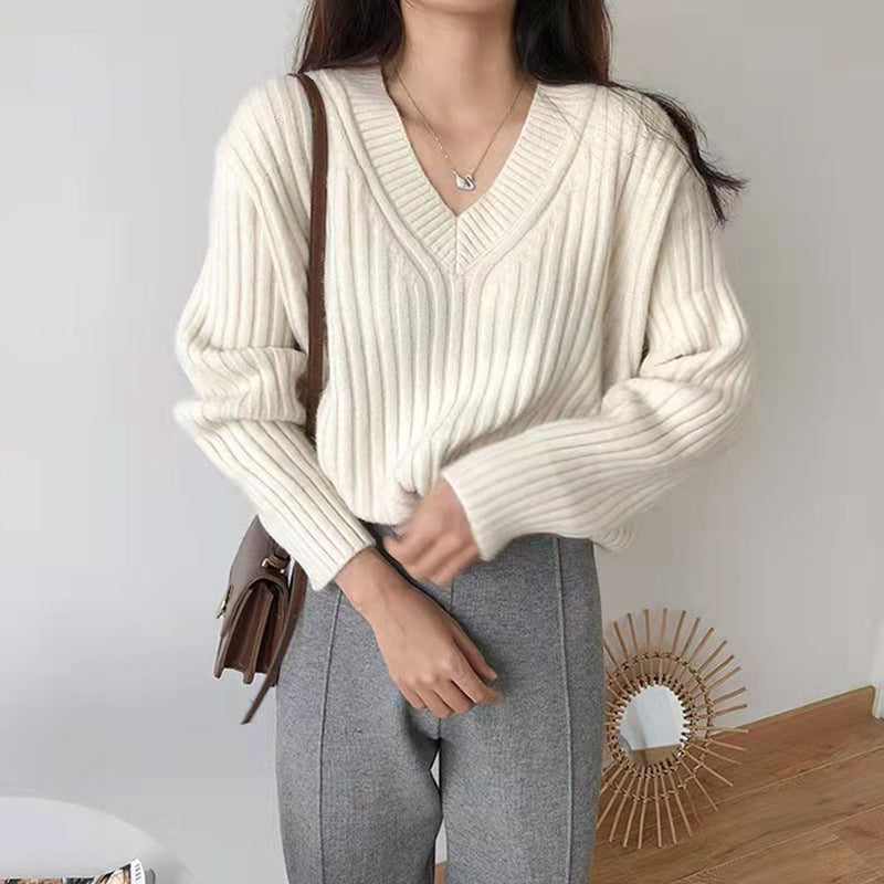 Damen Viskose-Strickpullover mit V-Ausschnitt und geripptem Design Amawinc