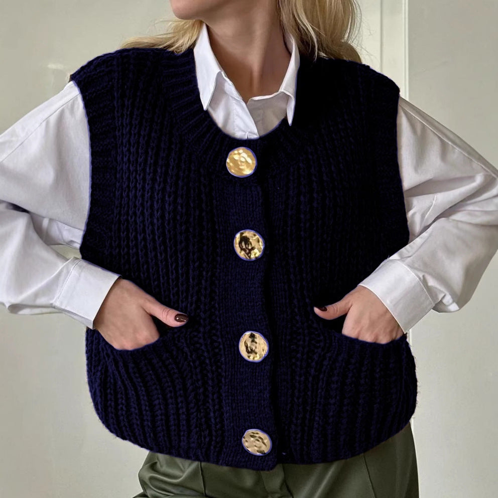 Gilet Tricot Femme Mélange Laine Coupe Oversized Texture Côtlée Bouton Devant Poches