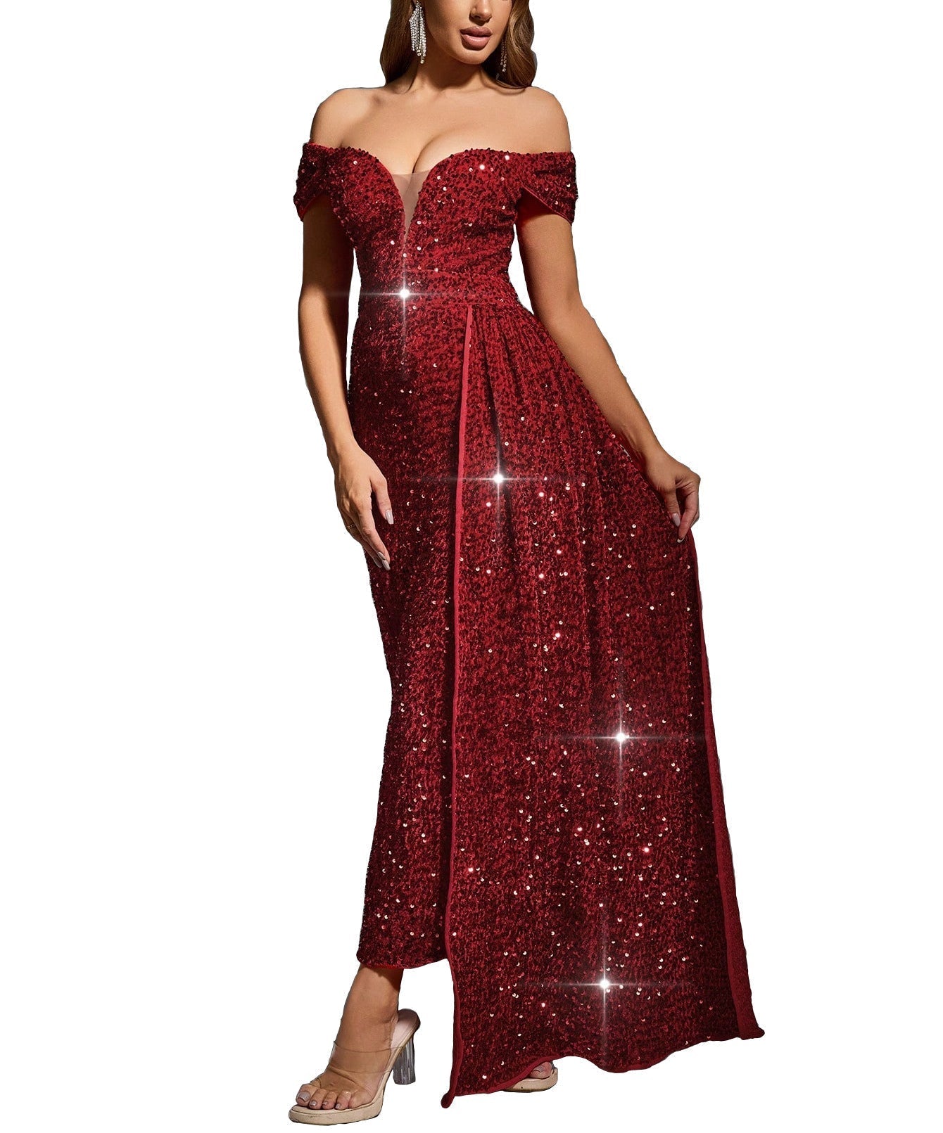 Robe De Soirée Longue En Paillettes À Épaules Dénudées Sans Manches Pour Occasions Spéciales Amawinc