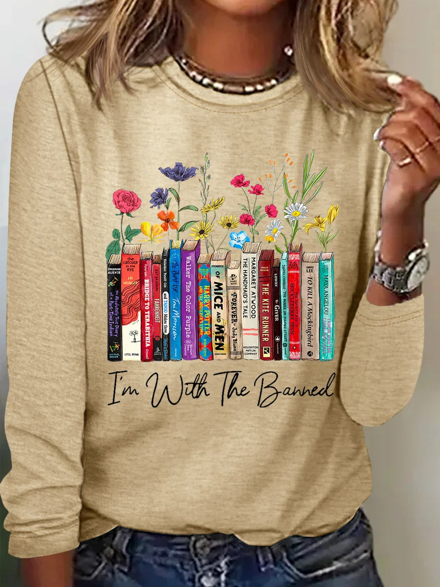 Damen Langarmshirt mit Bücher- und Blumenmotiv Amawinc