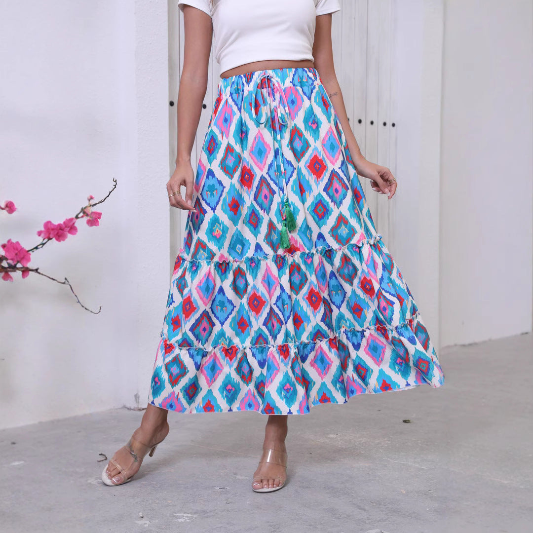 Jupe Maxi Femme Taille Haute Bohème À Couches Avec Franges À La Taille Texture Coton