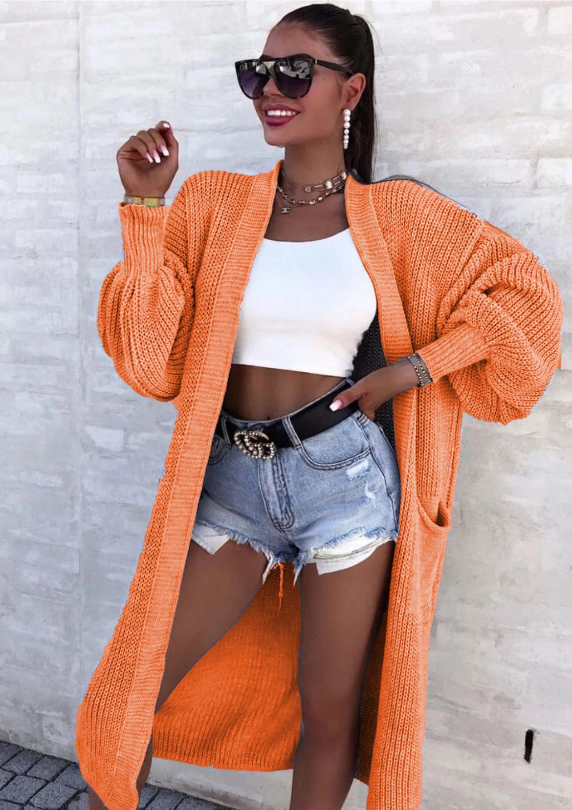 Damen Strickmantel mit weitem Schnitt und tiefen Taschen Amawinc