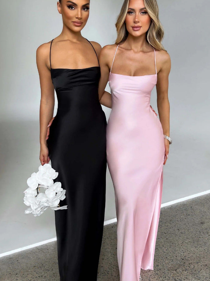 Damen Elegantes Maxikleid mit schmalen Spaghettiträgern und seitlichem Schlitz Amawinc