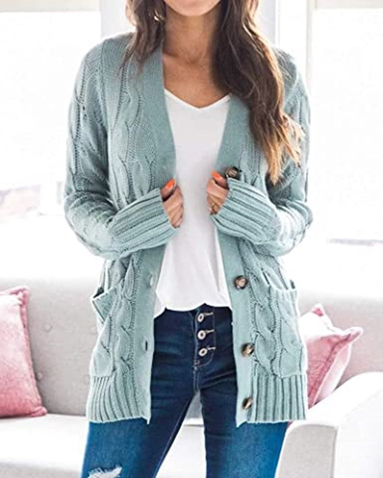 Damen Grobstrick-Cardigan mit aufwendigem Zopfmuster und praktischen Taschen Amawinc