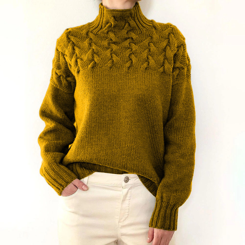 Damen Strickpullover mit hochgeschlossenem Kragen und trendigem Zopfmuster Amawinc