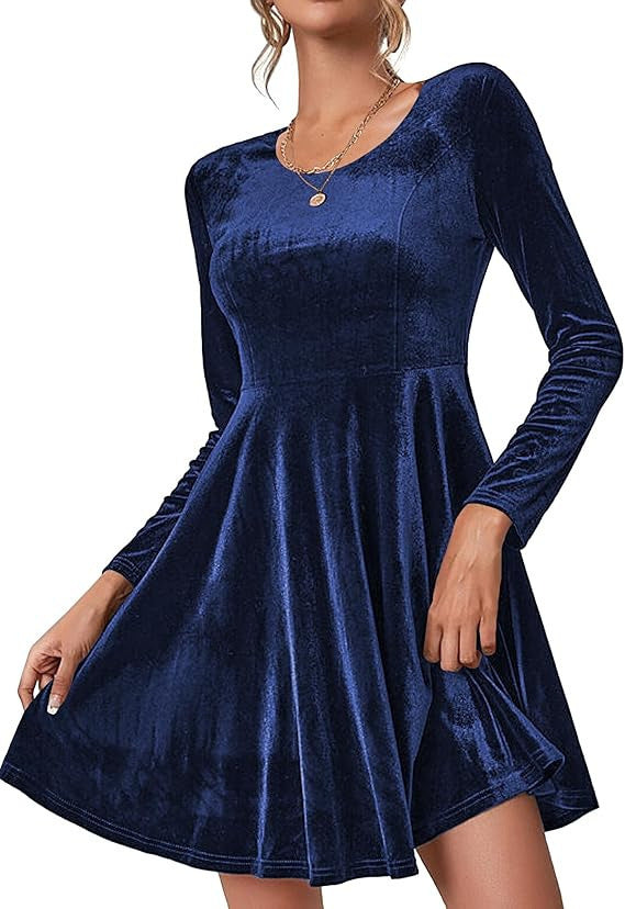 Damen Elegantes Samtkleid mit geschwungenem Saum und langen Ärmeln Amawinc
