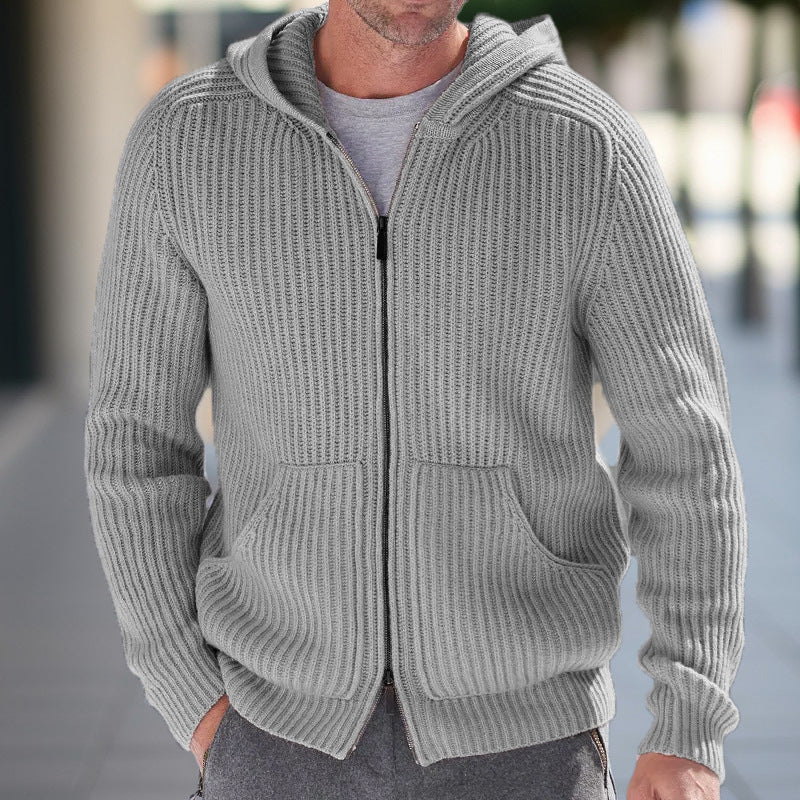 Cardigan Tricot À Capuche Pour Homme En Maille Côtelée Coupe Décontractée Polyvalent Pour Travail Et Week End