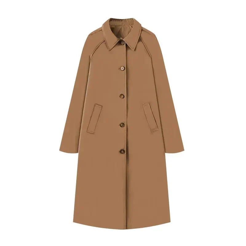 Manteau Femme Longueur Midi Coupe Droite Décontractée Mélange Laine Manches Raglan Fermeture Boutons