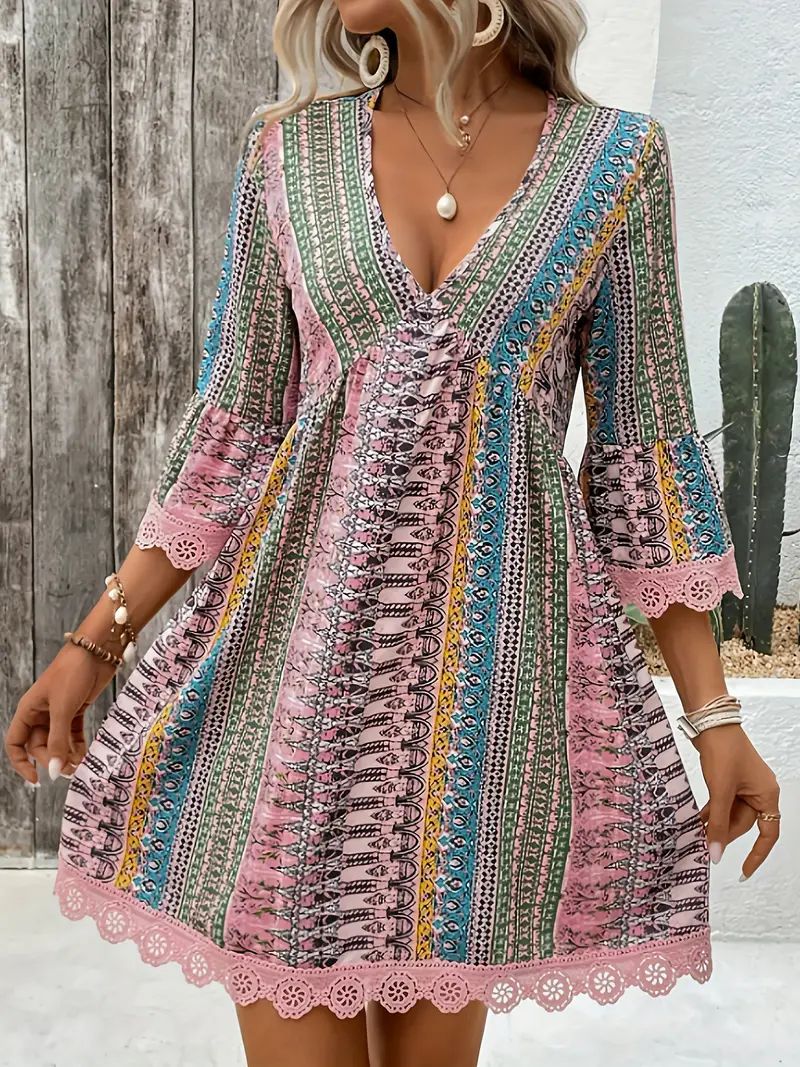 Robe Femme Aline Imprimé Bohème Col V Dentelle Manches Trois Quarts Parfaite Pour Été Décontractée