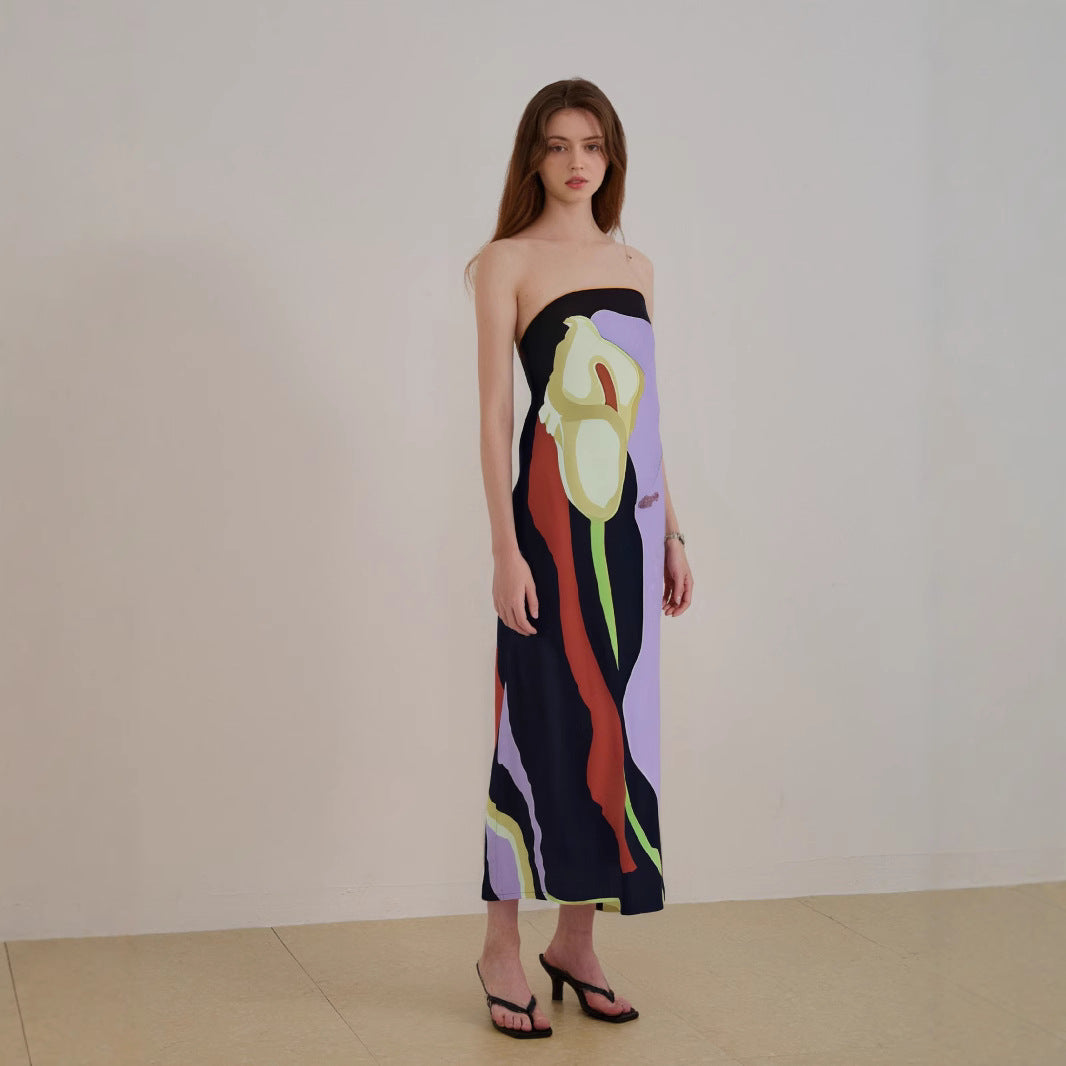 Robe Midi Sans Bretelles Légère Et Fluide Avec Motif Abstract Moderne Polyvalente Pour Été Soleil Et Nuits Festives