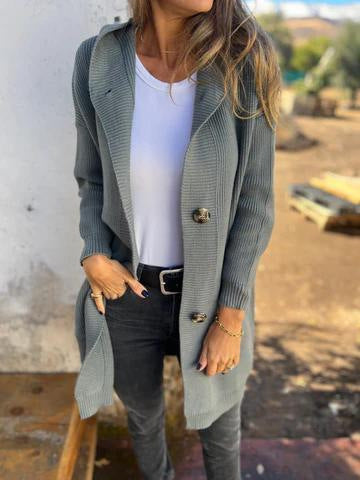 Damen Lange Strickjacke mit hochwertiger Rippstruktur und eleganten Knöpfen Amawinc