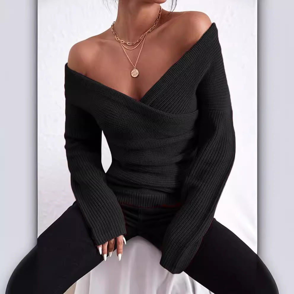Pull Femme Coupe Slim Maille Côtelée Épaule Dénudée Encolure Cache Coeur En V Manche Longue Élégant Style Urbain